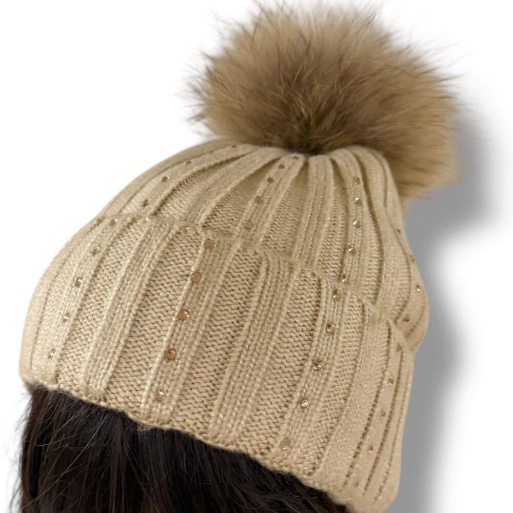 Beige Sparkle Cuffed Rib Knit Beanie Real Fur Pompom NWT